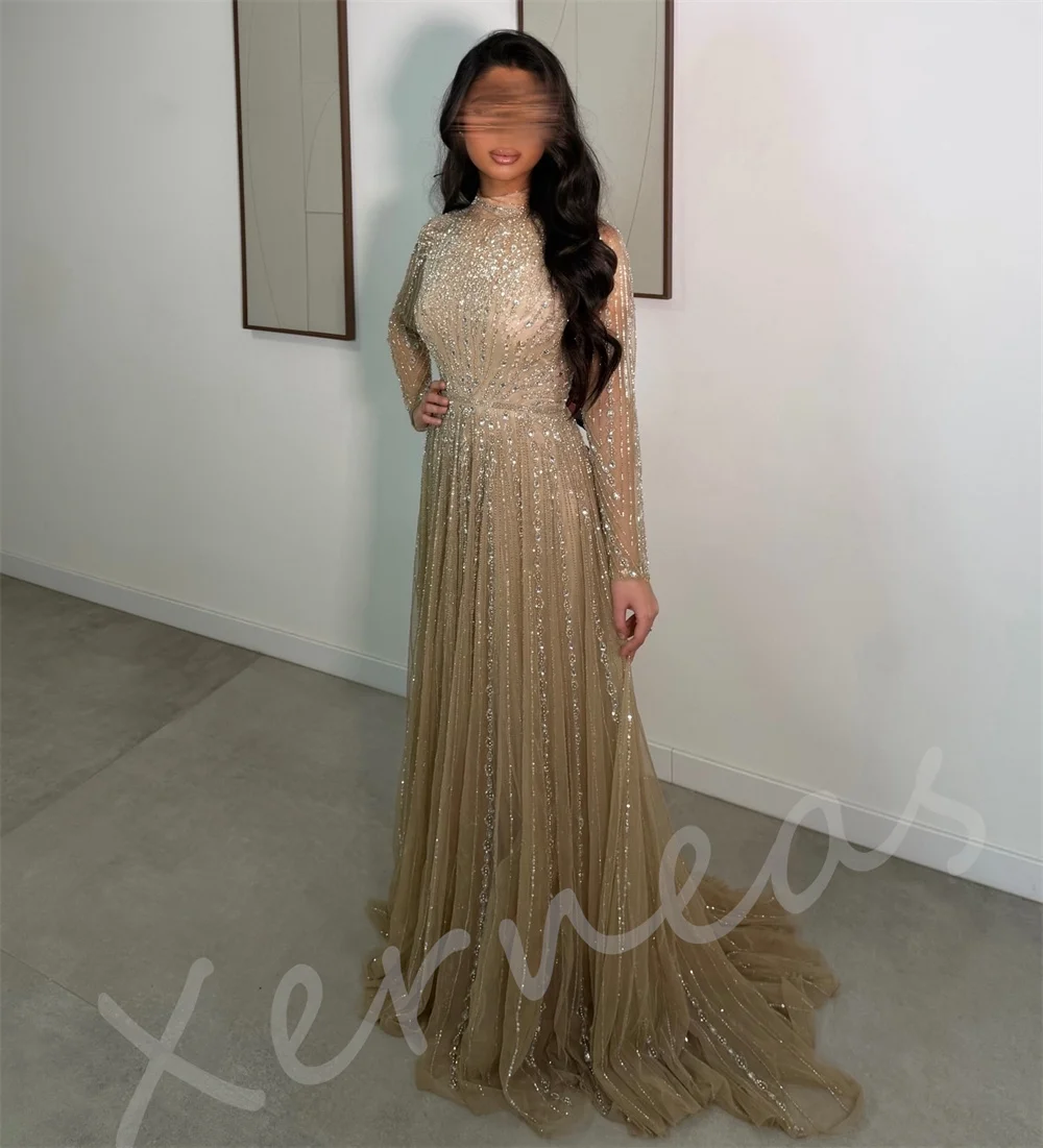 Customized Luxury Sparkle Long Sleeves Evening Gowns Pleat High Collar A-line Long Dresses Elegant Wedding Party Gown Gorgeous image 4