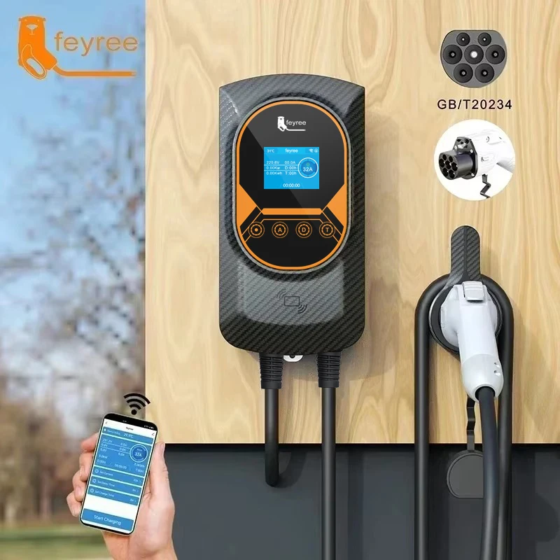 Fey123-Chargeur EV pour Véhicule Électrique, Prise GB/T, EVSE, Wallbox, 32A, 22KW, 3 Phases, 16A, 11KW, Télécommande, Station de Recharge, 7,6 KW, Câble de 5m