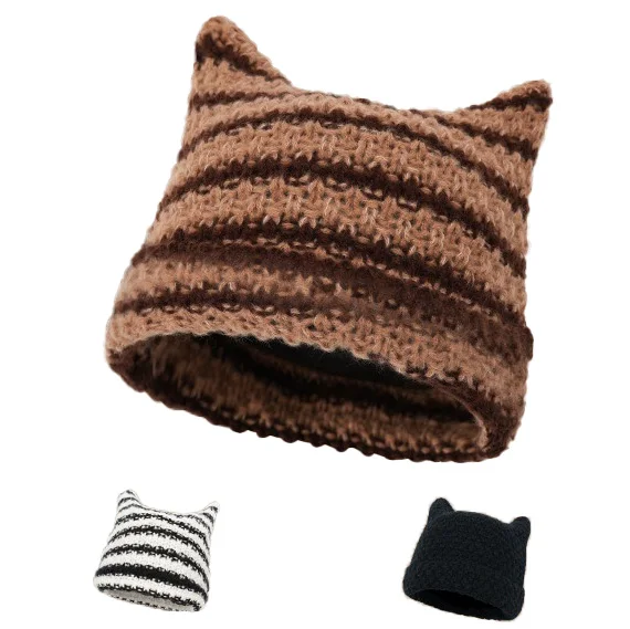 

Women Cute Y2k Cat Ear Beanie Cotton Knitted Skiing Cycling Hats , Warm Winter Black Coffee Strips Snow Classic Colors Hats