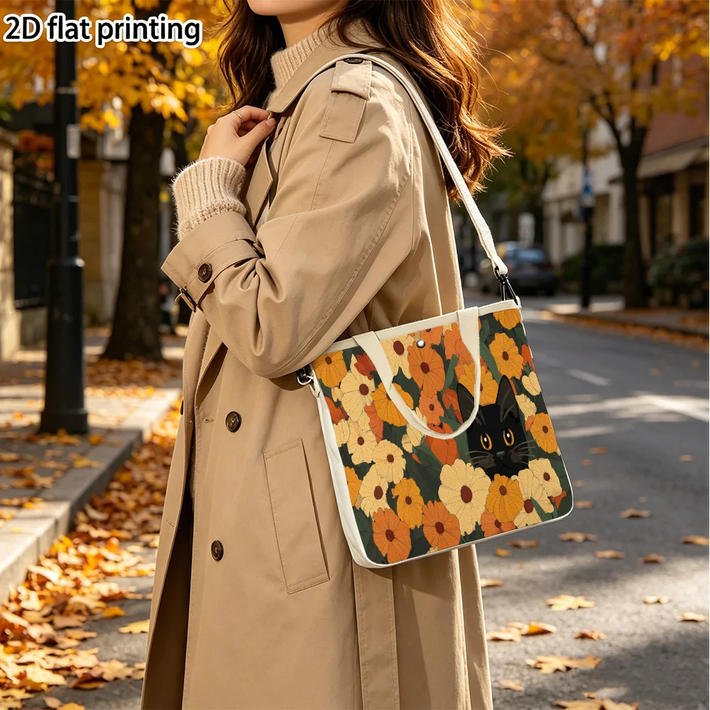 Black cat among flowers Double-Sided Printed Canvas Tote Handbag Detachable Convertible Crossbody Strap for City Errands