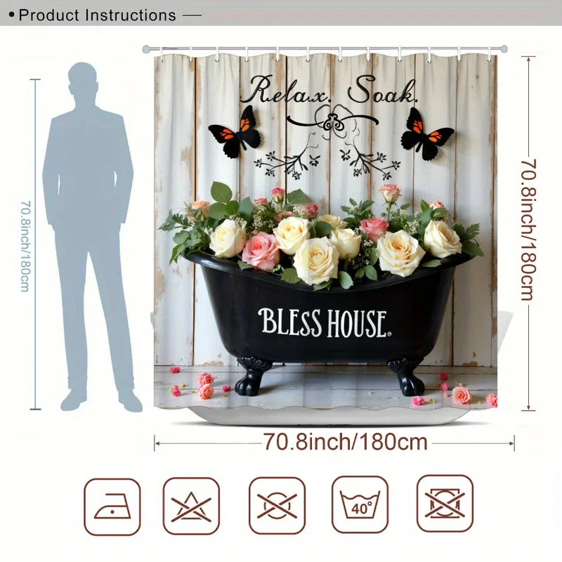 ستارة حمام ريفية عتيقة - ورود بيضاء ووردية، فراشات، اقتباس مريح، 12 خطافًا، ديكور حمام هادئ #3