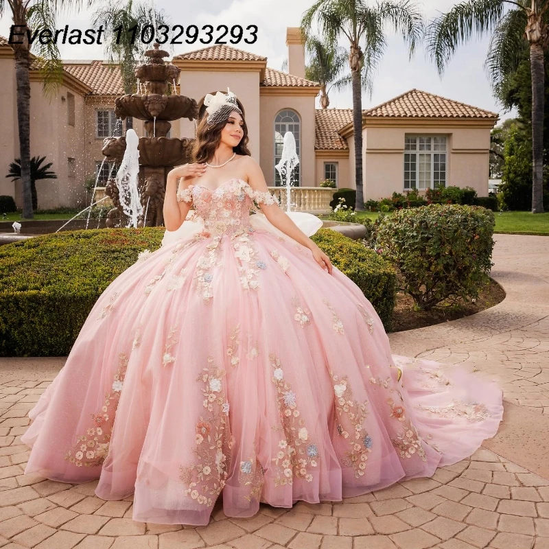 EVLAST Shiny Pink Quinceanera Dress Ball Gown 3D Flowers Lace Applique Beading Mexico Corset Sweet 16 Vestido De 15 Anos TQD303