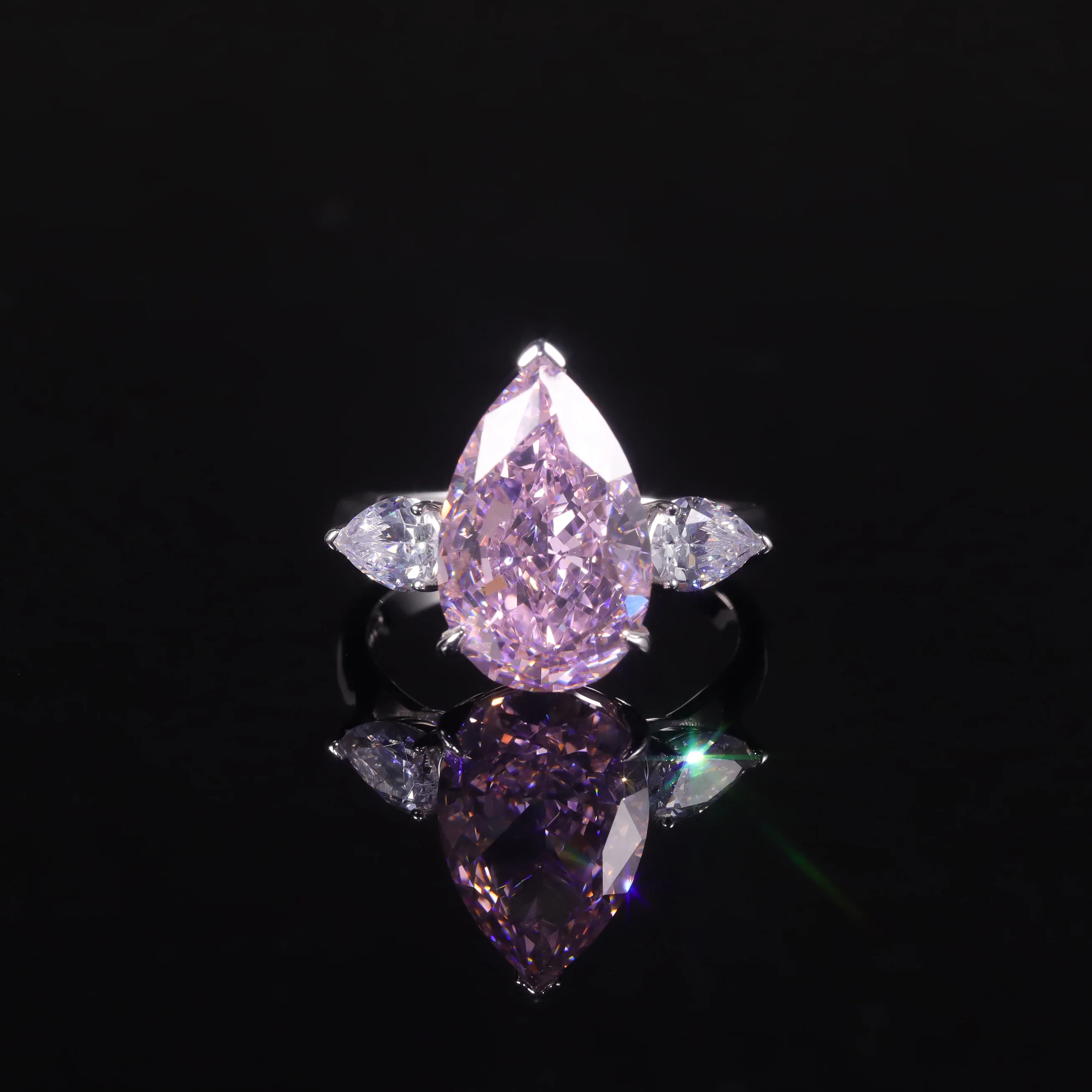 

925 Sterling Silver Pear Shaped Pink Diamond Engagement Ring - Radiant Cut Crushed Ice - High-End Jewelry