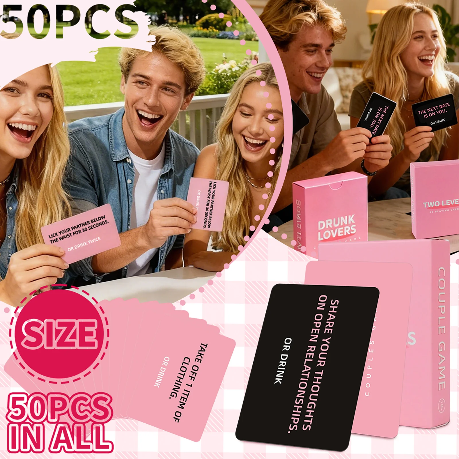 เกมไพ่คู่รักเมาๆ ของขวัญวันวาเลนไทน์ อุปกรณ์ประกอบฉากสำหรับวันหยุด ชุดไพ่ 50 ใบ อุปกรณ์ประกอบฉากสำหรับงานปาร์ตี้ อุปกรณ์เสริมเกมไพ่