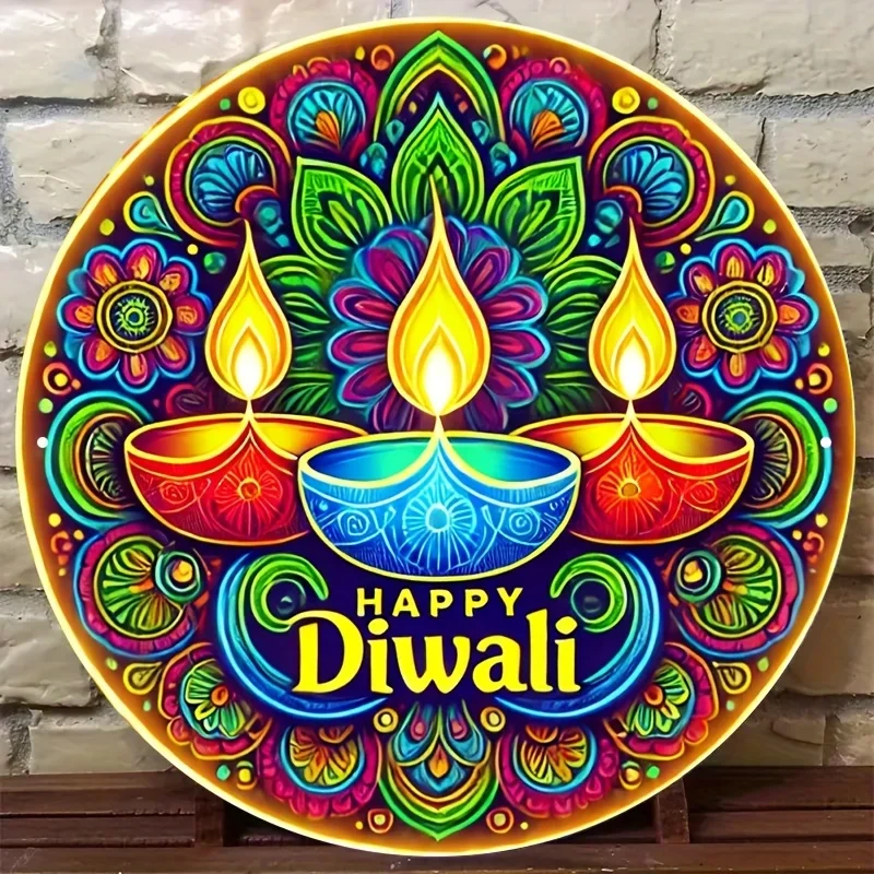 CIFBUY Retro Diwali Diya Candle Floral Aluminum Wall Art Waterproof Wearproof Metal Sign Home Office Yard Decor Gift