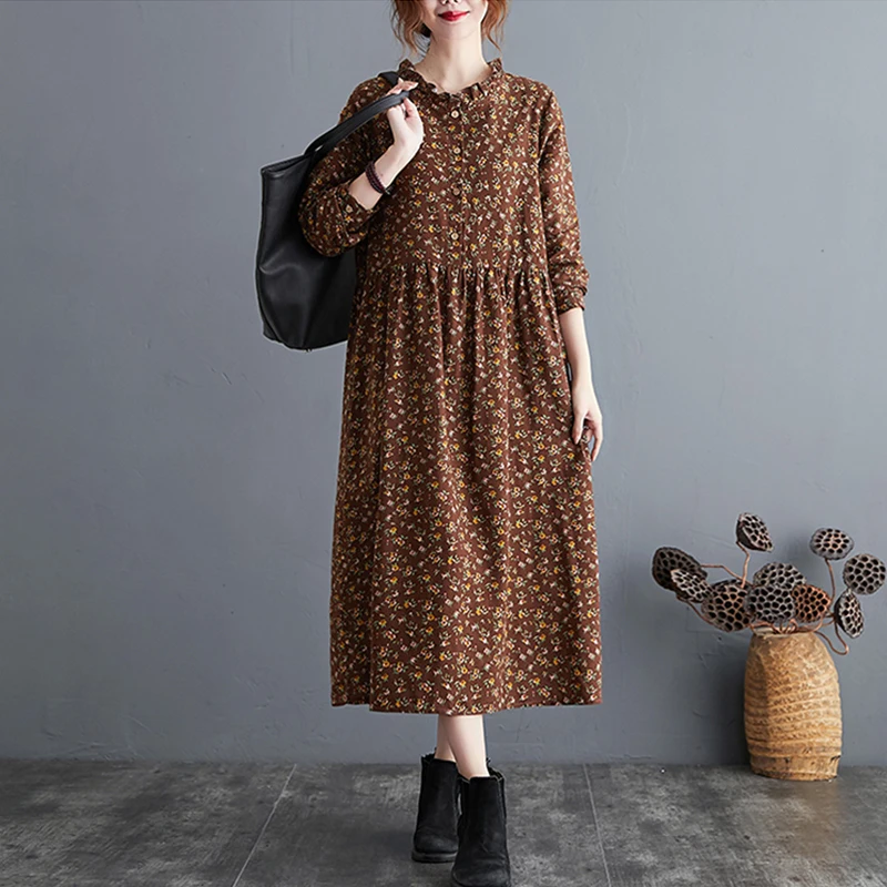 Daisy Print Cotton Lin Long Sve Button up Loose Floral irt Dr A-Line Skirt Commute Sle Artistic Loose Waist