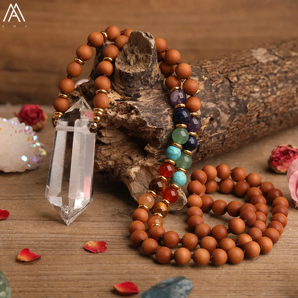 Natürliche Quarz Kristall 7 Chakra Reiki Perlen Handgemachte Halskette Runde Duftenden Sandelholz Perlen Knoten Halskette Schmuck Für Frauen – Detail 3