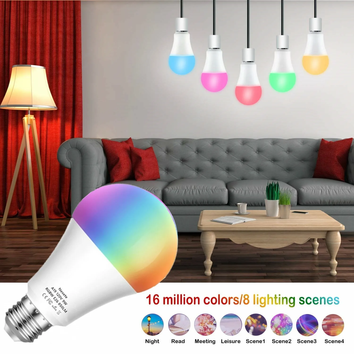 Bombilla LED inteligente Wifi 9W(60W) A19 850LM RGBW regulable para Alexa/Google/Siri