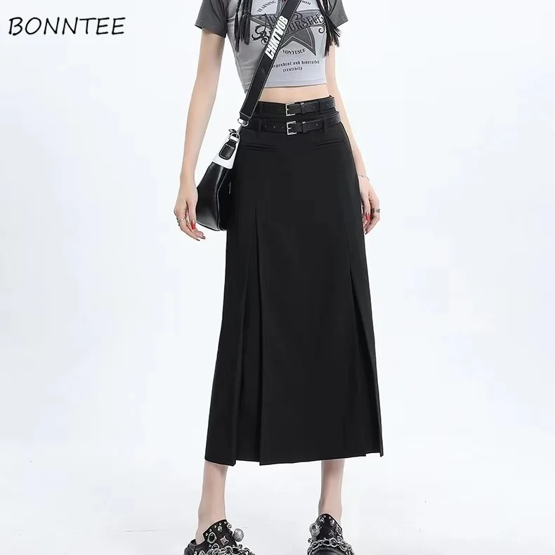 

S-4XL Skirts Women Belt Folds Simple Daily Korean Style Basic Popular Leisure Creativity Delicate Gentle All-match Ladies Spring