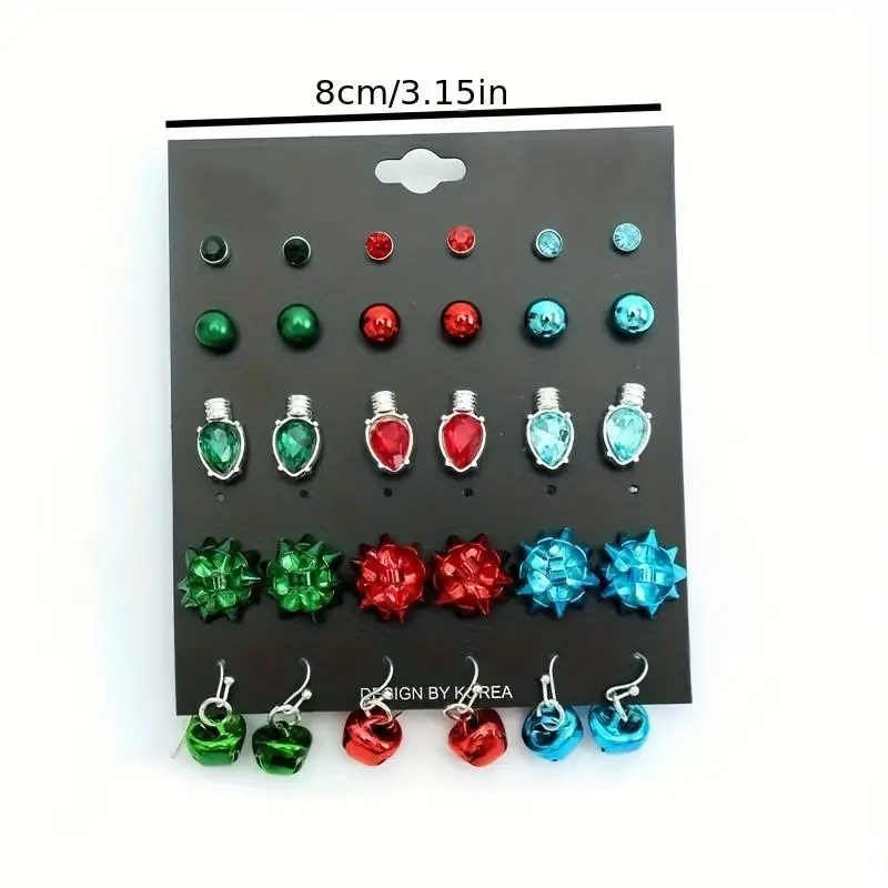 9/15 Pairs أقراط عيد الميلاد النسائية الموضة مع جرس حجر الراين وندفة الثلج تصاميم حفلة عطلة ارتداء هدية مجوهرات أنيقة #6