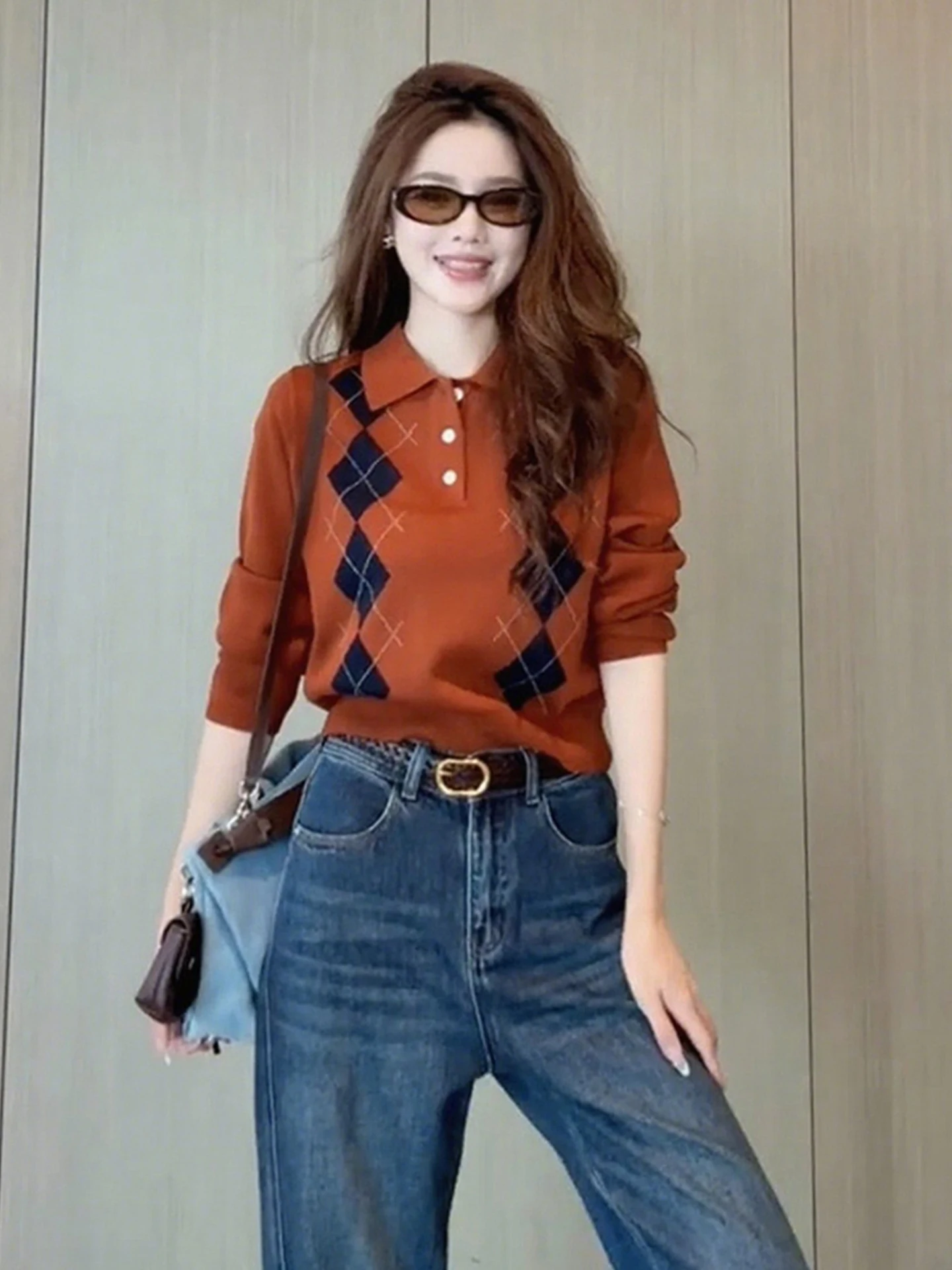 

Color Block Long Sleeve Knitwear Women's Beautiful Sweater Overhead Korean Style Retro Fashionable Top for Commuting Autumn