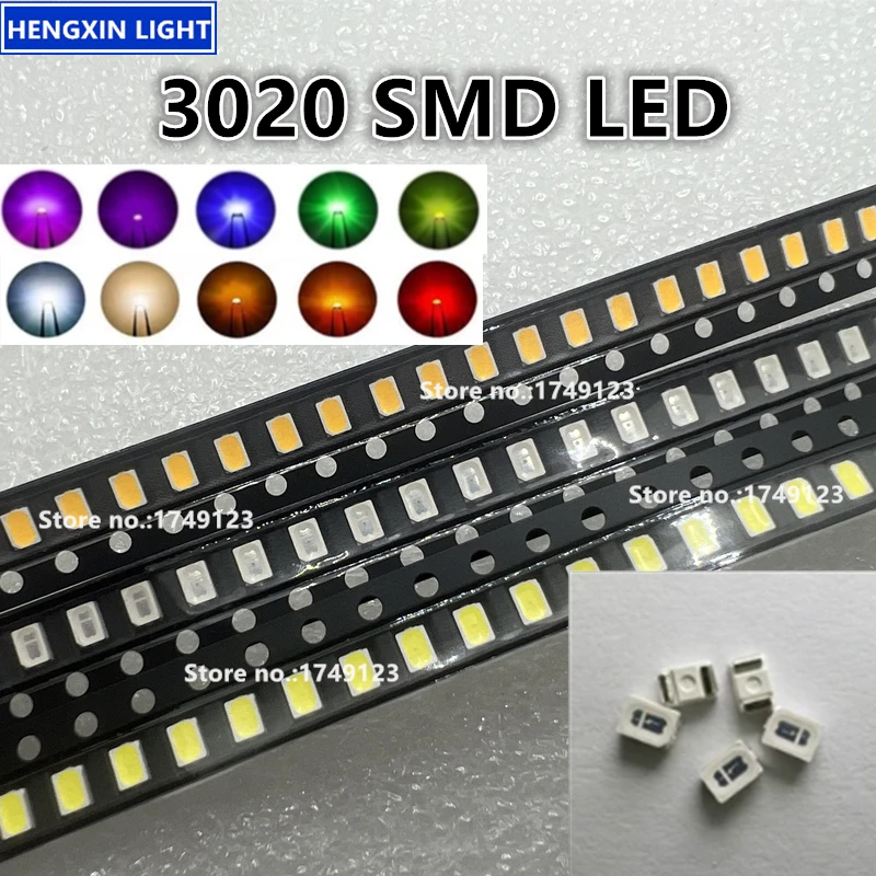 Super Bright 3020 3V SMD LED, Red Yellow Blue Green White Warm Pink Orange, 3.0*2.0*1.3MM Light Emitting Diode