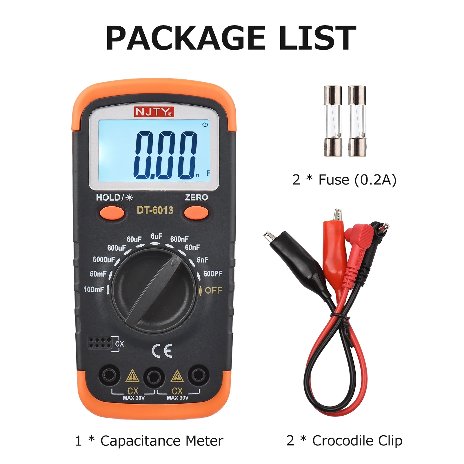 NJTY Digital Capacitance Meter LCD Display 600pF to 100mF High Accuracy 6000 Counts Capacitor Tester Crocodile Clips 0.2A Fuses