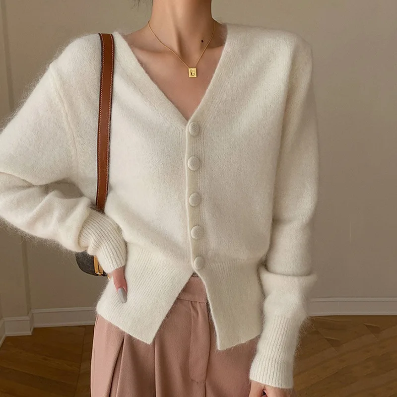 V-neck Short Knitted Cardigan Women Fall Winter Korean Casual Long Sleeve Sweater Outerwear 4 Colors