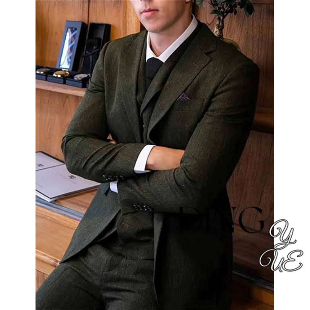 Classic Men's Suits Regular Fit 3 Piece Tuxedos Herringbone Notch Lapel Blazer Vest Pants for Wedding Grooms