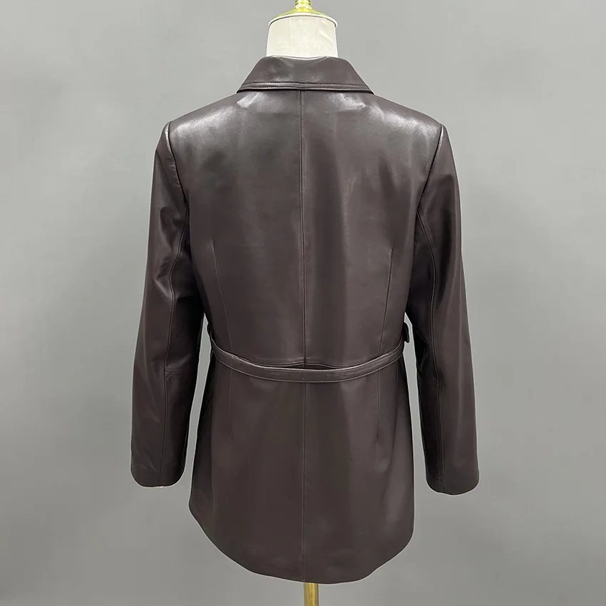 JANEFUR Women Genuine Leather Coat Office Ladies High Waist Retro Casual Sheepskin Medium Long Jacket Autumn Winter JFB6-25008