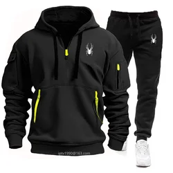 New spring and autumn men's sports pants two-piece set multi-pocket zipper hoodie + jogging casual fitness sportswear set