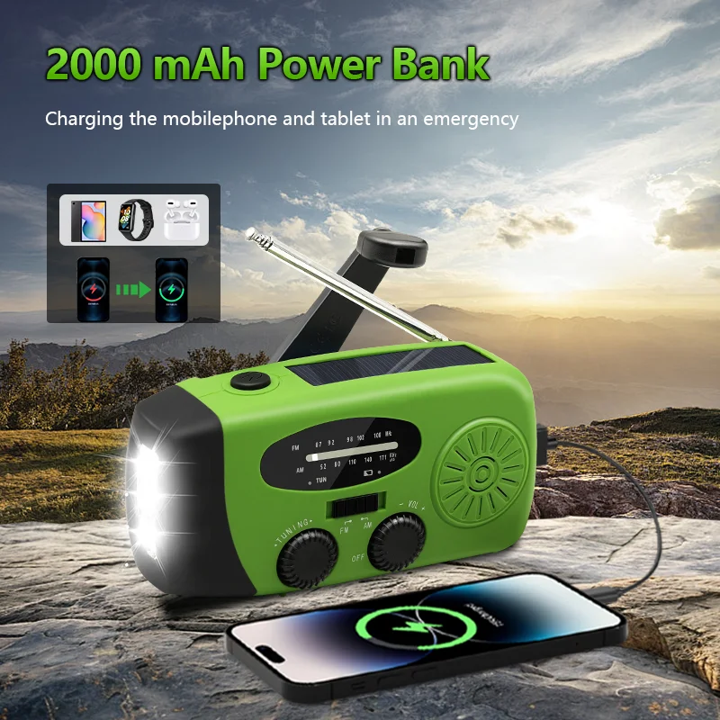 2000mAh Emergency Radio Multifunctional Solar Hand Crank portable Radio FM AM WB NOAA Weather Radio USB Charging 3 LED Flashligh