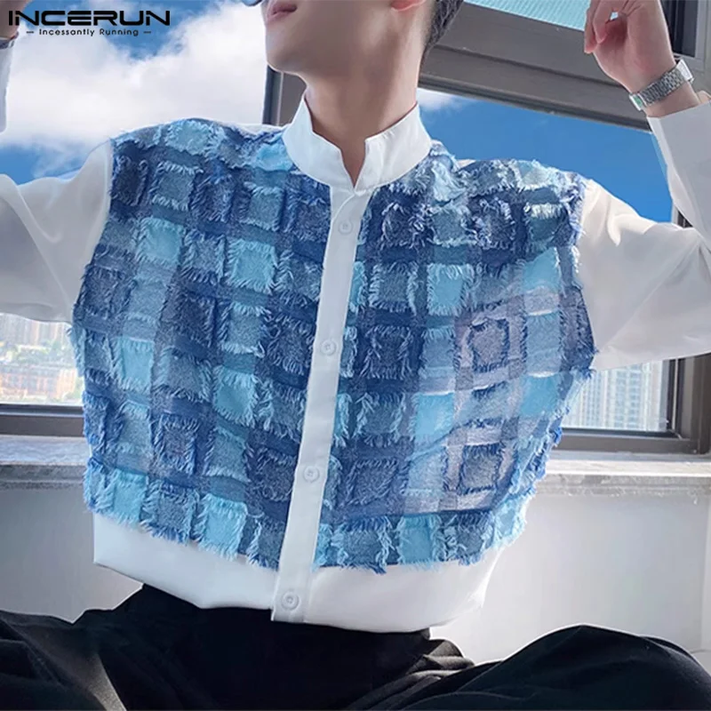 INCERUN Tops 2024 Korean Style Men Tassel Jacquard Patchwork Design Shirt Leisure Simple Long Sleeved Standing Neck Blouse S-5XL