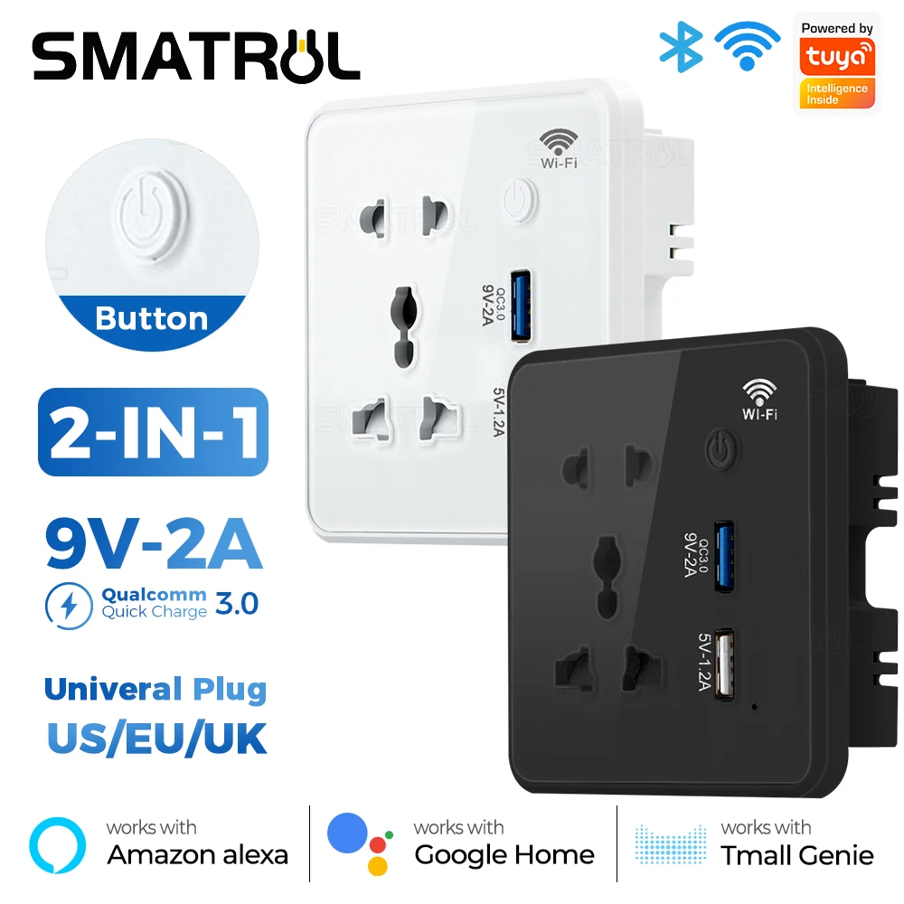 Tuya Wifi Wall Smart Socket US EU UK Plug Tempered Glass Quick Fast Charger 3.0 Usb Charging Timing App  For Google Home Alexa