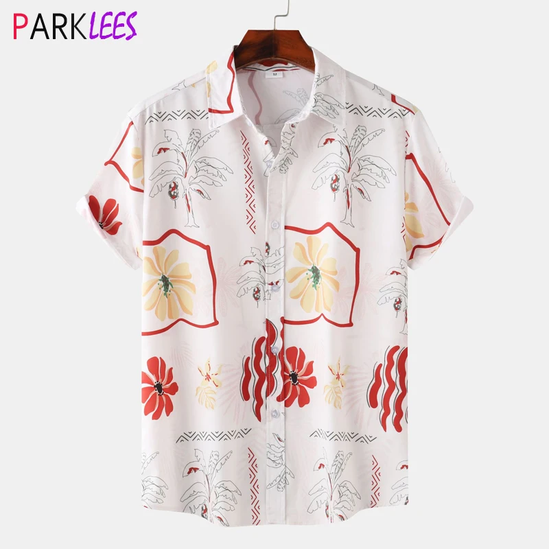 

Mens Funky Floral Tropical Hawaiian Shirt 2024 Summer Short Sleeve Beach Wear Shirt Casual Button Down Aloha Party Shirt Chemise