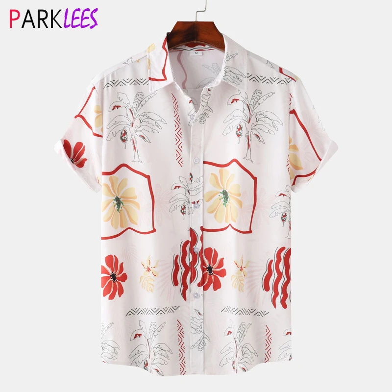 Mens Funky Floral Tropical Hawaiian Shirt 2024 Summer Short Sleeve Beach Wear Shirt Casual Button Down Aloha Party Shirt Chemise