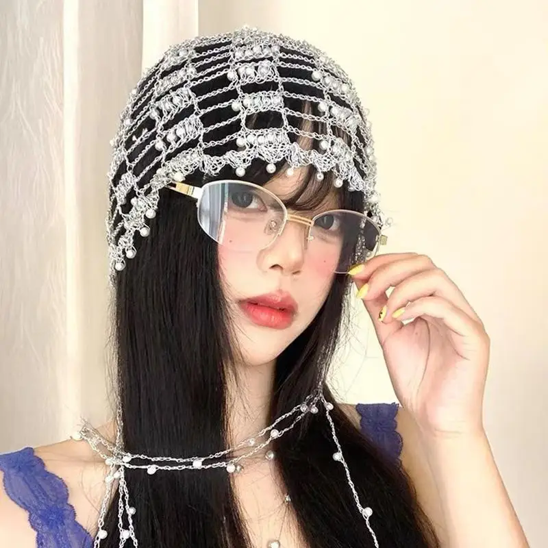 Women Summer Handmade Beaded Chain Pullover Hats Hollow Lightweight Style for Sun Protection and Casual Wear