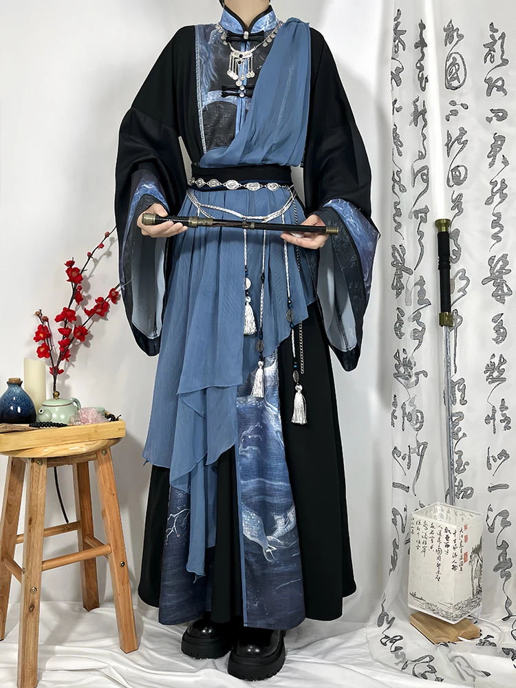 

Jianghu Xiake Antiquities Coat Skirt Improve New Chinese Style Guofeng Suit Blue Black Petticoat Cummerbund Cos Cosplay