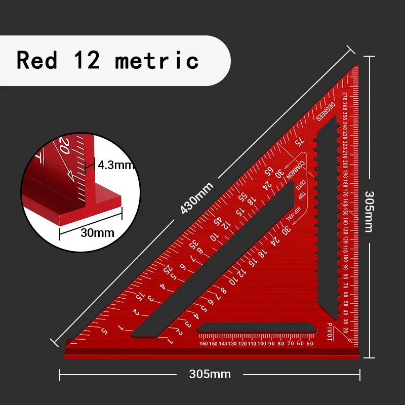 7/12 Zoll Aluminium-Dreieckslineal, Tischler-Messlayout-Werkzeug, quadratischer und metrischer/impernischer Winkelmesser für die Holzbearbeitung – Detail 12