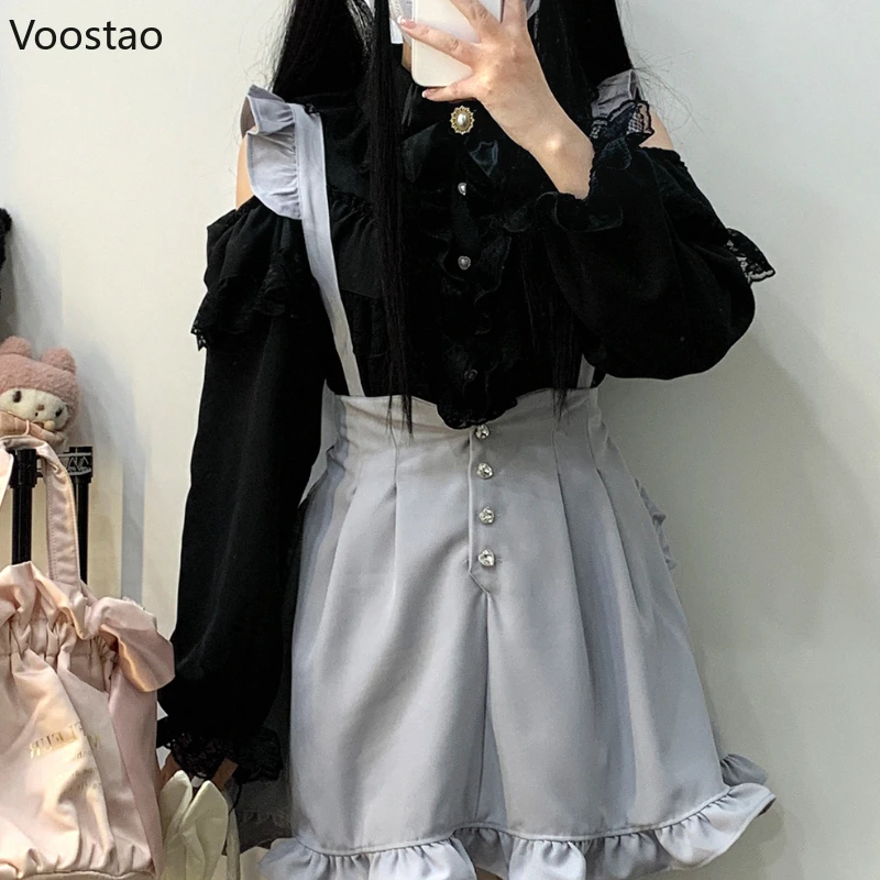 Y2k Lolita Style Blouses Women Fashion Kawaii Lace Mesh Ruffles Bowknot Off Shoulder Long Sleeve Shirt Gothic Girls Vintage Tops