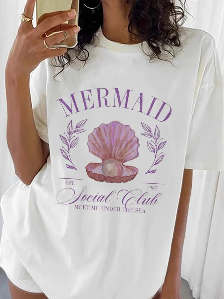 T-shirt da donna con stampa Versatile a maniche corte a maniche corte con sirena per le vacanze al mare da donna.