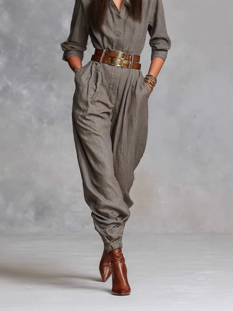 

Women Casual Long Sleeve Solid Party Romper Elegant Street Loose Cargo Playsuit Fashion Lapel Collar Button Pocket Long Jumpsuit