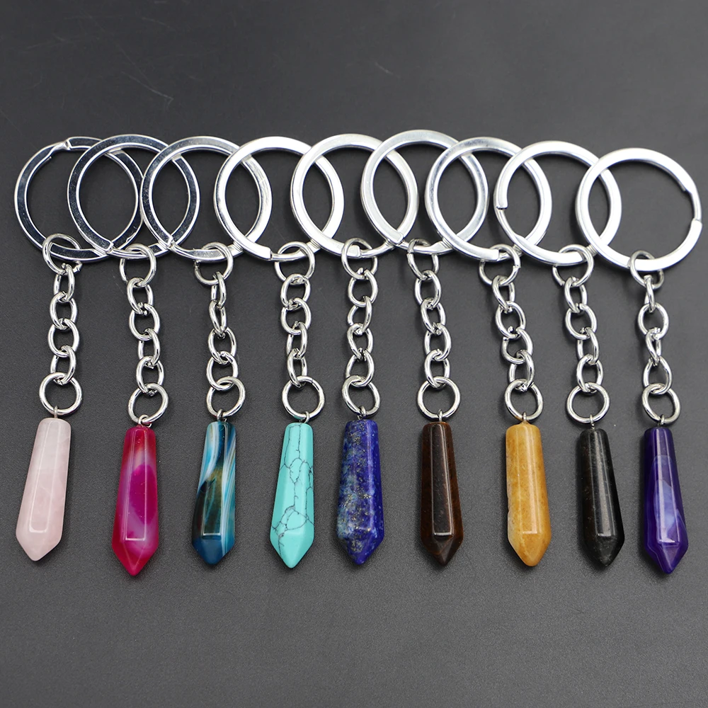 Natural Stone Hexagonal Column Keychain Water Drop Shape Columnar Pendants Key Rings On Bag Car Jewelry Party Friends Gift 8Pcs