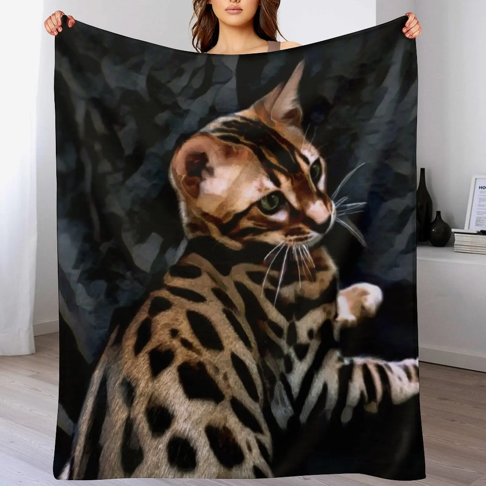 Gold Bengal Kitten On A Dark Background Throw Blanket Blankets For Sofas Quilt For Sofa Thin valentine gift ideas Blankets