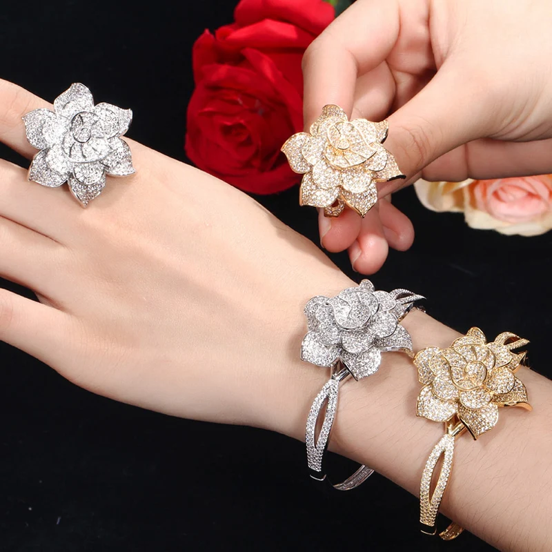 ThreeGrace Shiny Micro Cubic Zirconia Paved Large Flower Shape Bangle and Ring Set for Women Luxurious Party Dress Jewelry JS539