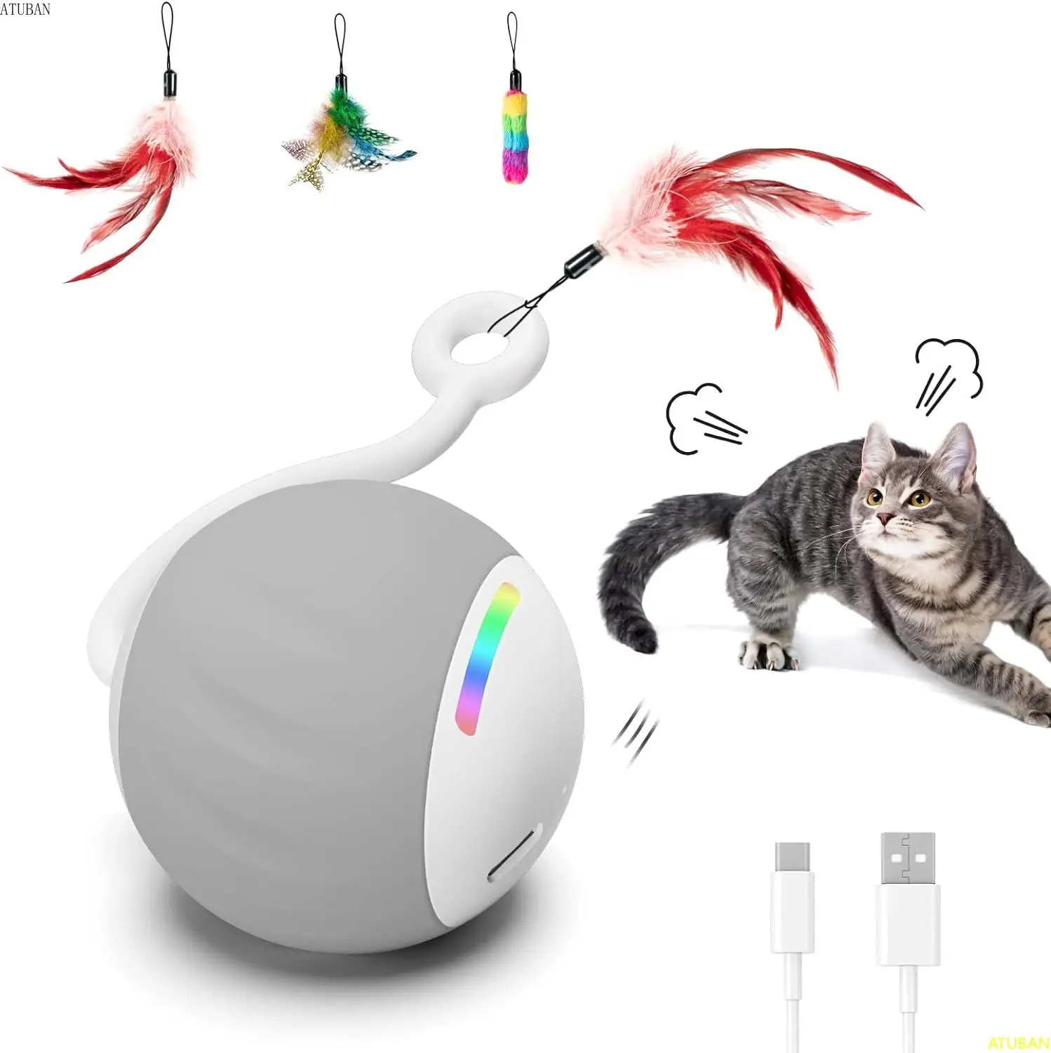 ATUBAN Cat Toys,Automatic Cat Toys Ball,Interactive Cat Toys for Indoor Cats,Electric Cat Toys Indoor 2 Mode Cat Ball Toy Gifts