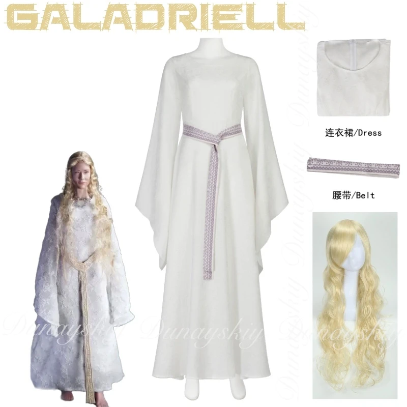 Disfraz de Galadriell de la película The Ring King con el vestido blanco, elfos más potentes, disfraz de Reina, lleno de traje