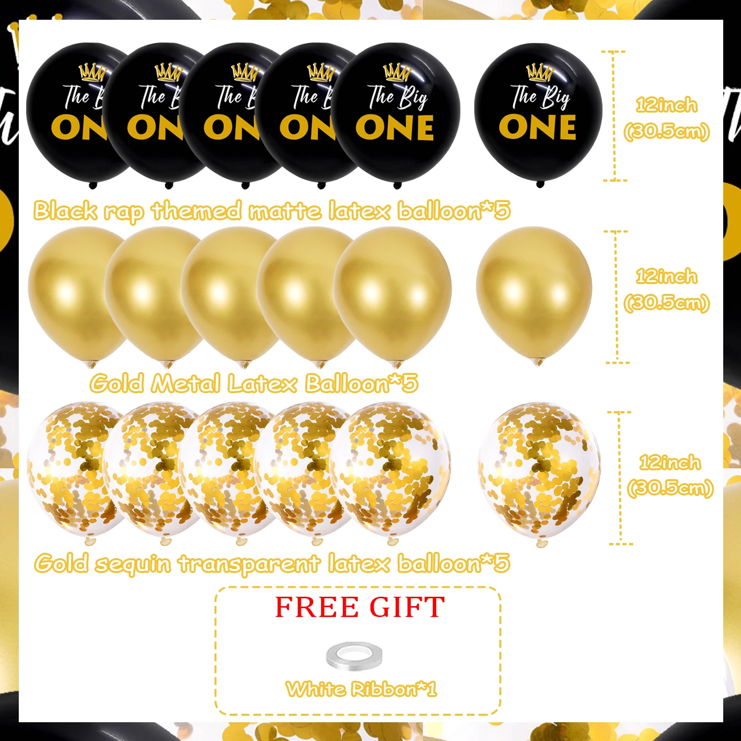 15pcs Black Gold Rap Theme Printed Balloon Party Decoration, Latex Gold Colorful Paper Balloon and The Big ONE Party Supplies