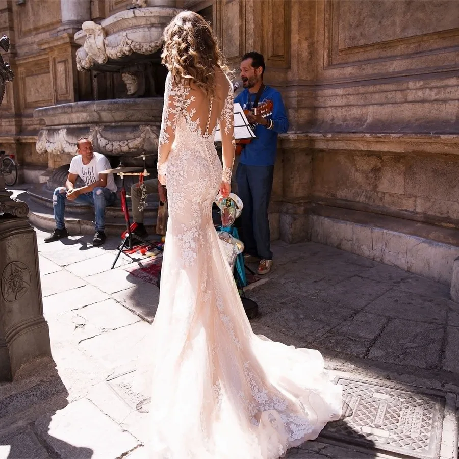 Robe de soirée sirène en dentelle à manches longues, robe de princesse, robe de soirée, mariage, vintage, luxe, éducatif, 2024