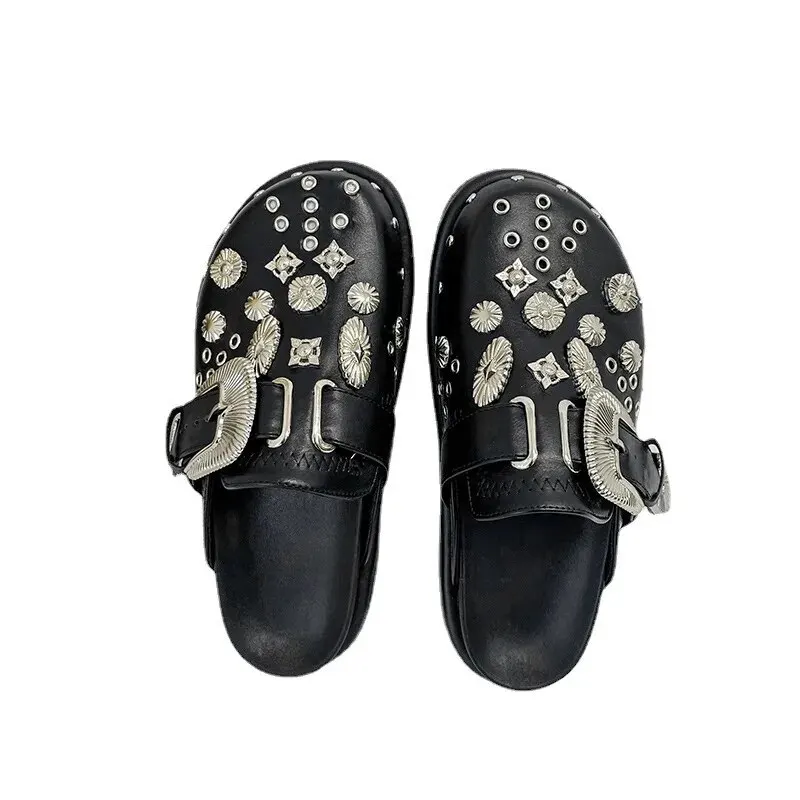 Summer Women Slippers Platform Rivets Punk Rock Leather Mules Creative Metal Fittings Casual Party Shoes Female Outdoor Slides