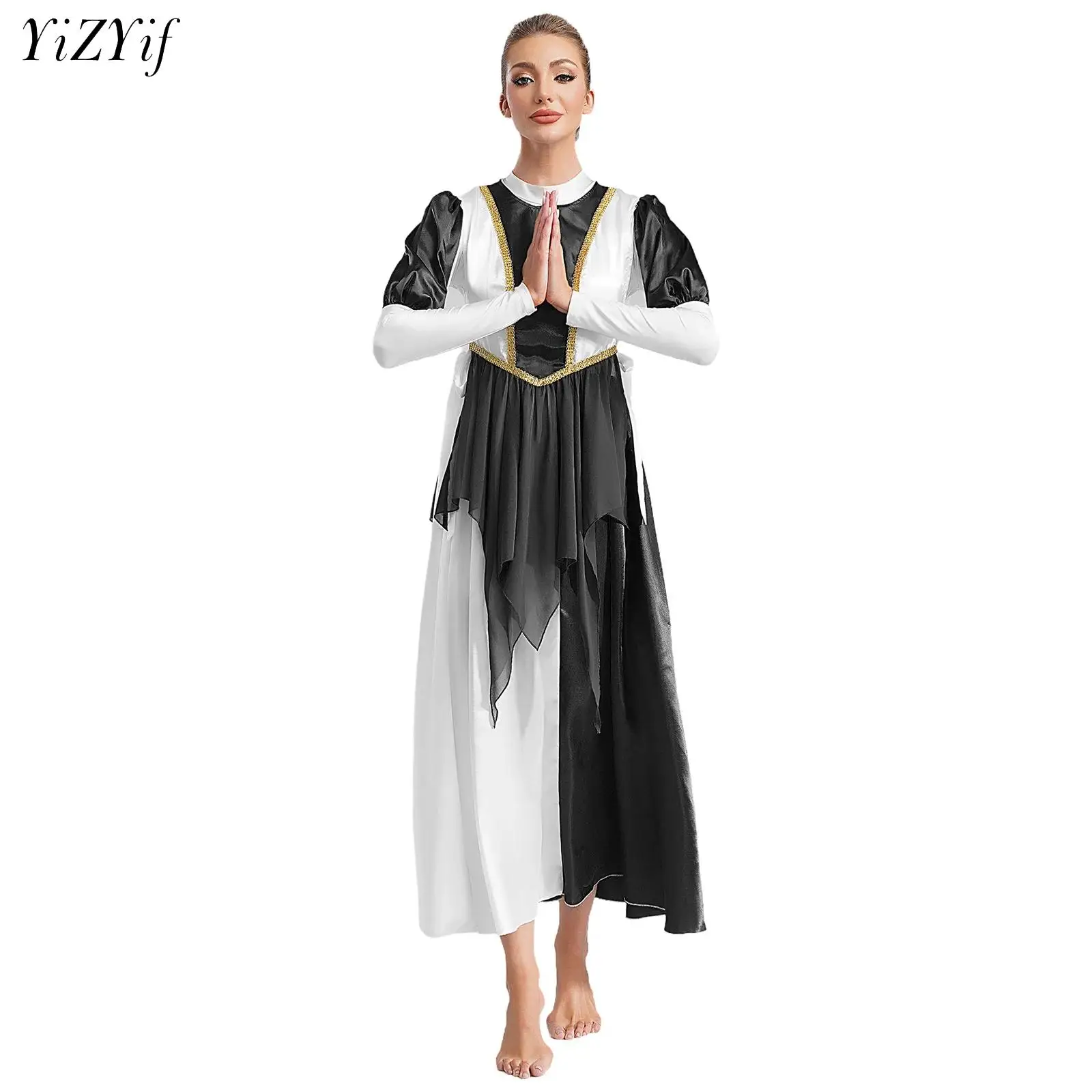 

Women Metallic Color Block Liturgical Praise Dance Dress with Irregular Tunic Church Worship Liturgiacal Dancewear