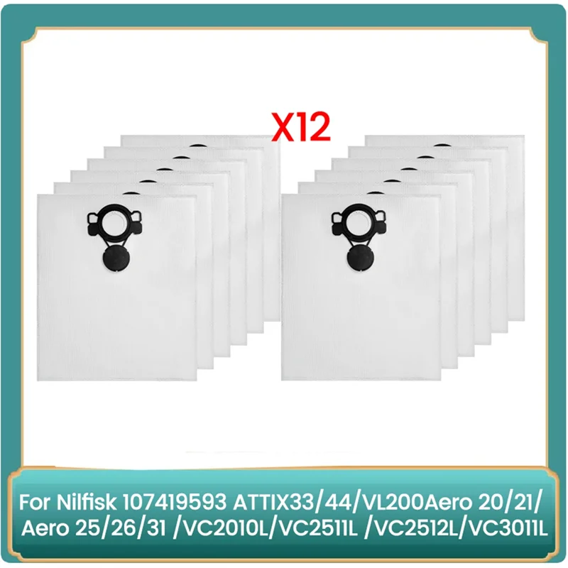 BAAO-12Pcs Sacos de pó Fornilfisk 107419593 ATTIX33/44,Vl200aero 20/21,Aero 25/26/31,VC2010L/VC2511 Peças para aspirador de pó