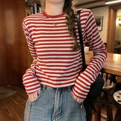 Spring And Autumn Round Neck Contrast Stripe Casual Fashion Versatile Long Sleeved T-Shirts Shorts Student Top Red Stripe