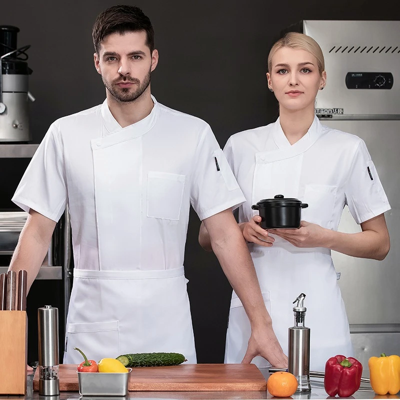 سترة الشيف قصيرة/طويلة الأكمام لون نقي القطن الخبز تقديم الطعام المعجنات كوك معطف فندق المطبخ النادل موحدة