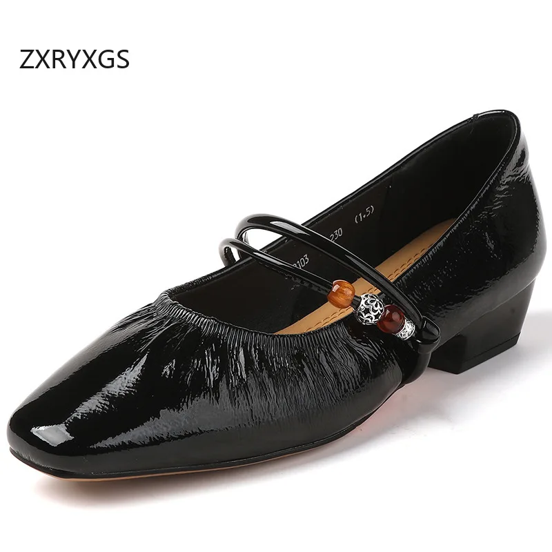 

ZXRYXGS Top Layer Cowhide Beaded Shallow Mouth Women Fashion Shoes Low Heels 2026 New Spring Real Leather Banquet Shoes Big Size