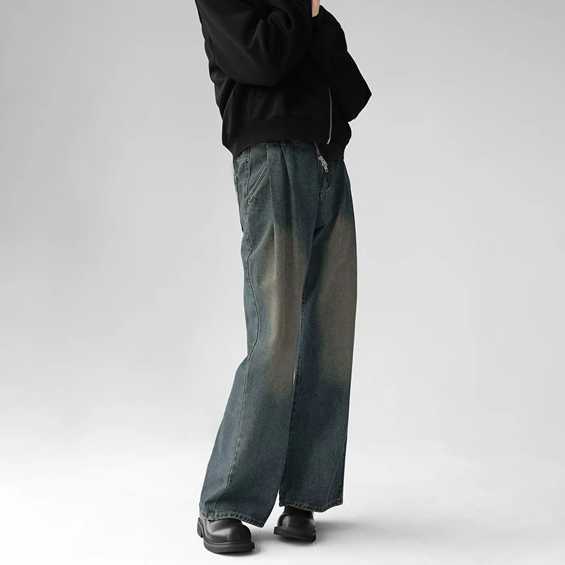 Korean Popular Baggy Jeans Men Y2k Pants Washed Vintage Straight Wide-Leg Pants Hip Hop High Street Bell Bottoms Denim Trousers
