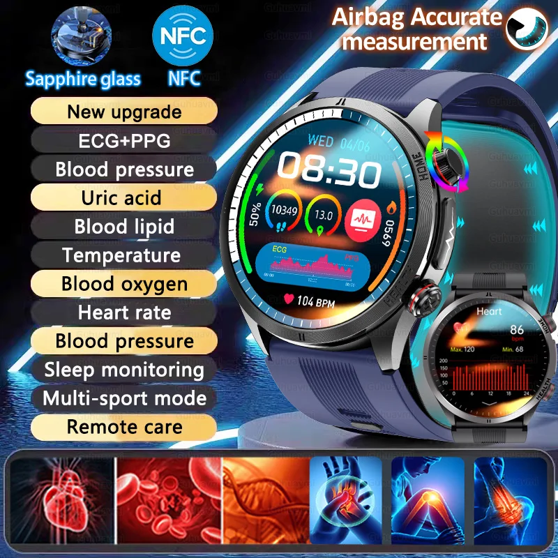 Medição de airbag relógio inteligente masculino ecg bomba de ar pressão arterial oxigênio no sangue bt chamada nfc smartwatch para homem android ios atualização