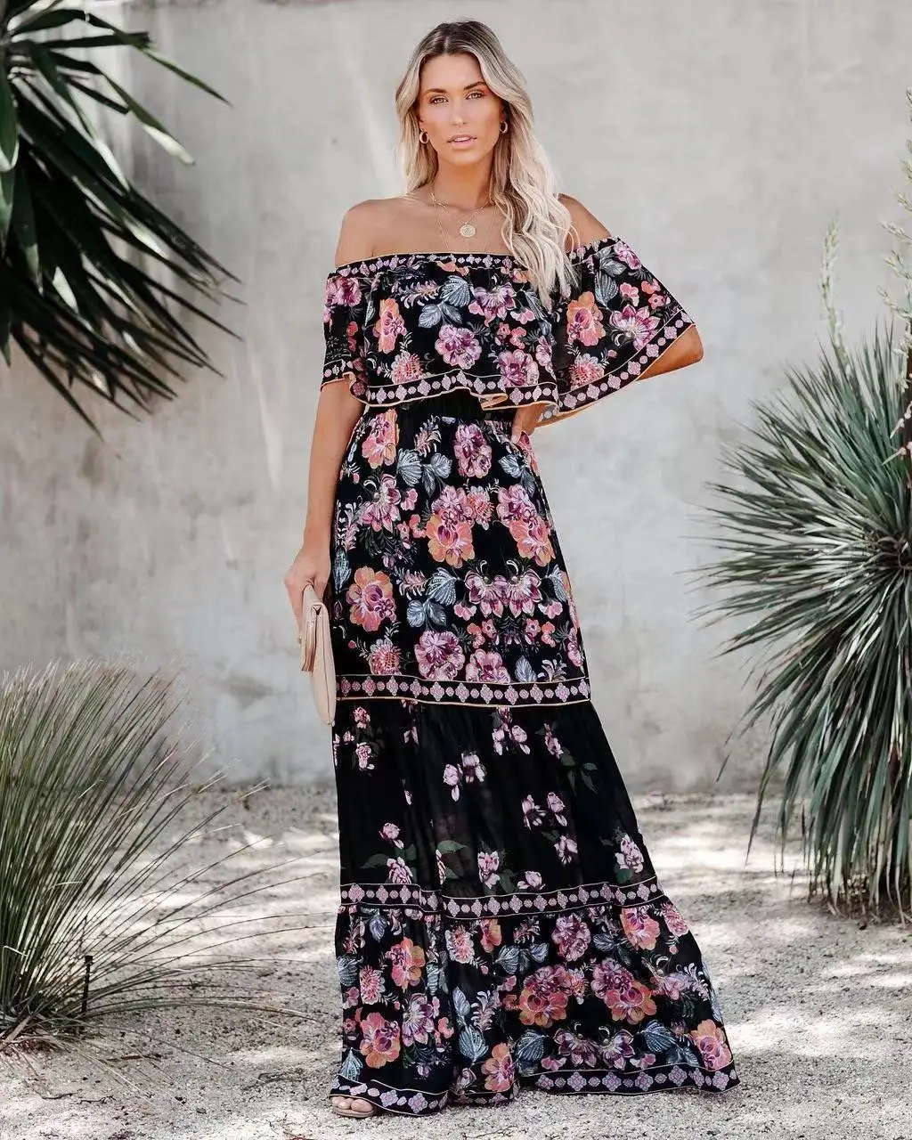 2024 Spring Summer New Independent Stand Amazon Off-shoulder Red Flower Printing Long Dress Oversized Wide Hemline Sleeveless