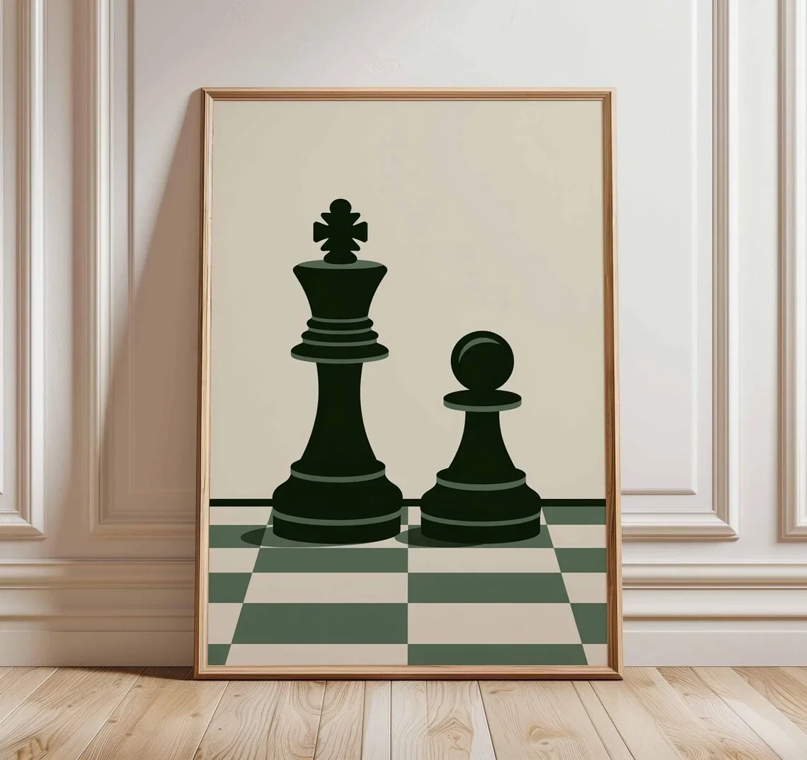 Chess Poster, Retro Board Game Wall Art Print, Vintage Minimalist Chess Pieces Artwork, Mid Century Modern Game Room Decor
