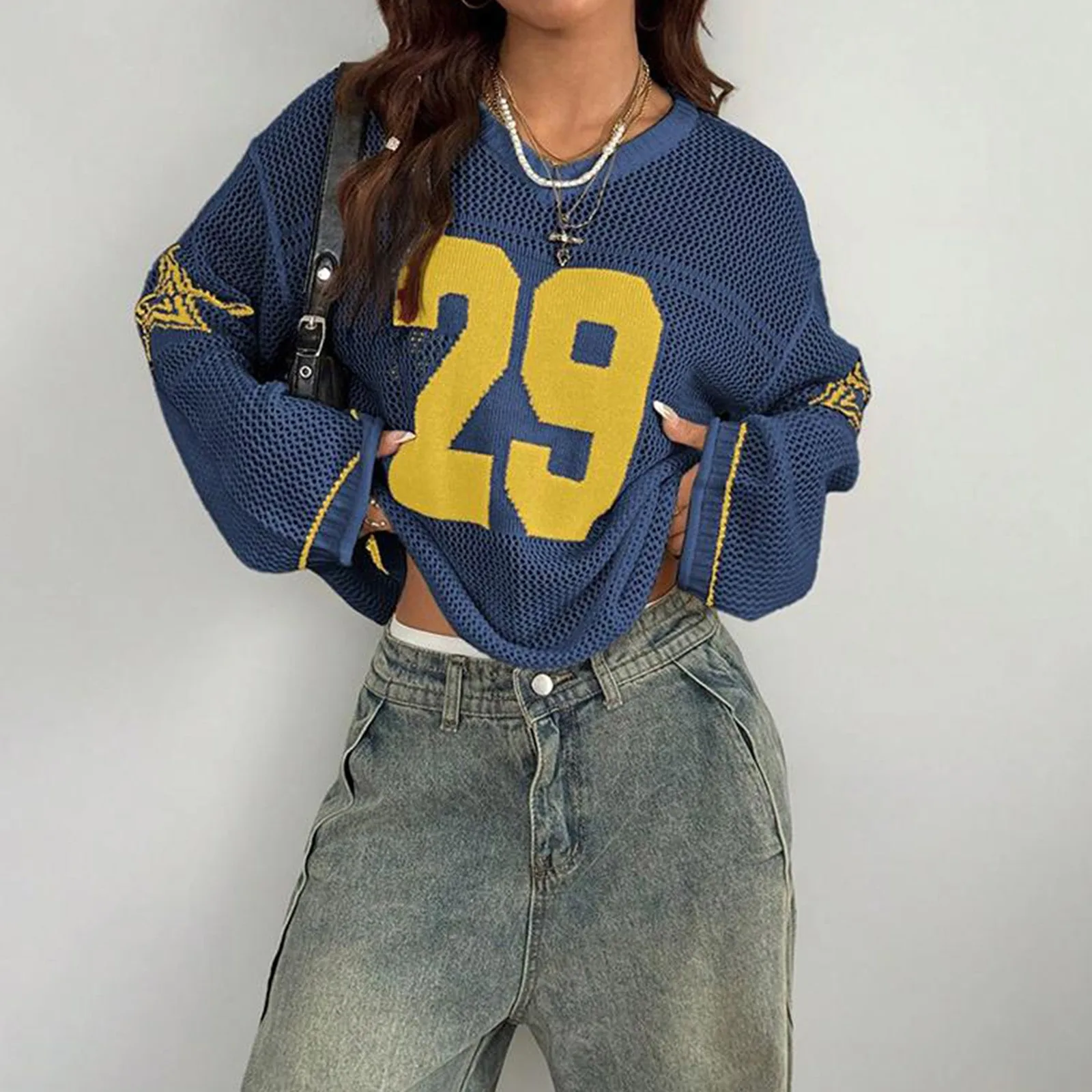 

Y2K Harajuku Style Bagge Hollow Out Sexy Long Sleeve Pullover Top for Lady Chic Fashionable Number High Street Daily Clothes